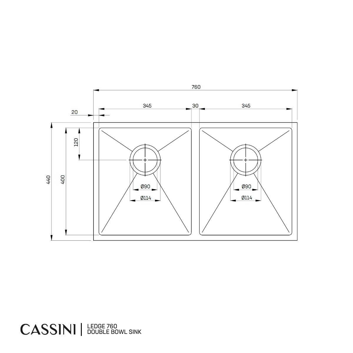 Cassini Ledge Sink Double Bowl - 760mm