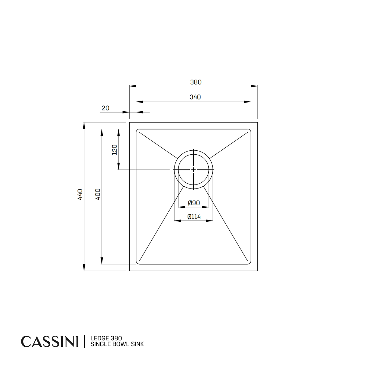 Cassini Ledge Single Bowl Sink 380mm | 304 Stainless Steel | Universal Mount