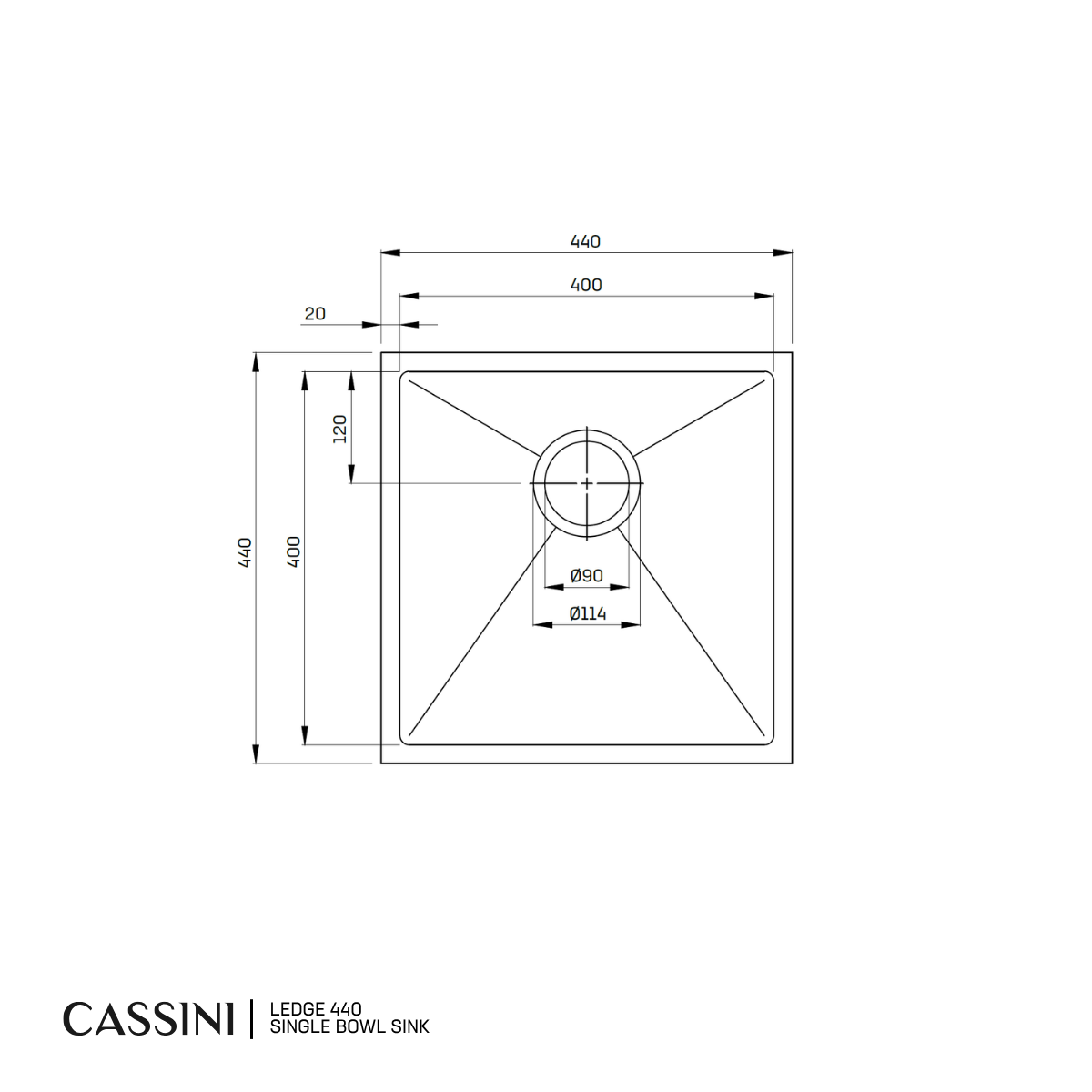Cassini Ledge Single Bowl Sink 440mm | 304 Stainless Steel | Universal Mount
