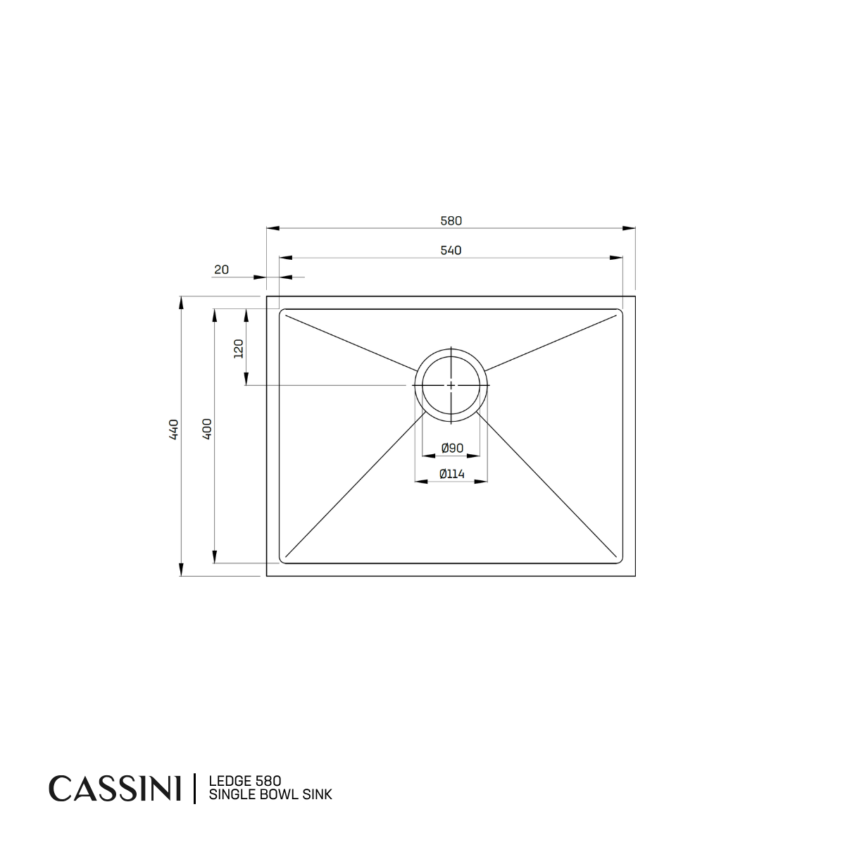 Cassini Ledge Sink Single Bowl - 580mm
